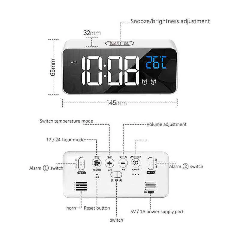 LED Specchio Sveglia Digitale Display A LED Controllo Vocale Elettrico TDesktop Orologi Da Tavolo Orologio Cavo di Ricarica USB 211112