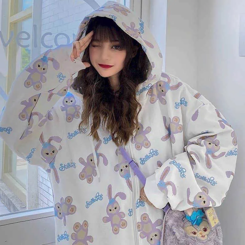 Kawaii Bluza Płaszcz Kobieta College Trend Jesień Zima Koreański Luźne Uczniowie Wszystkie Mecz Harajuku Plus Velvet Grube Bluzy 210526