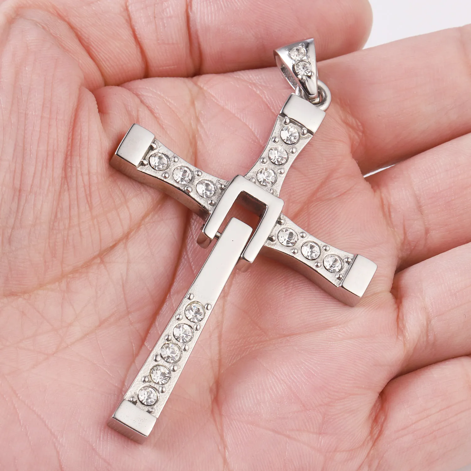 Men's Stainless Steel Pendant Necklace The Movie Fast and Furious CZ Crystal Jesus Christian Cross with a Rolo Chain319y