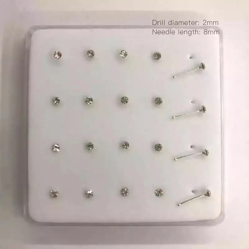 100% 925 Sterling Silver 2mm Crystal Pin Stud Unisex Indian Nos Piercing Biżuteria 20 sztuk / zestaw