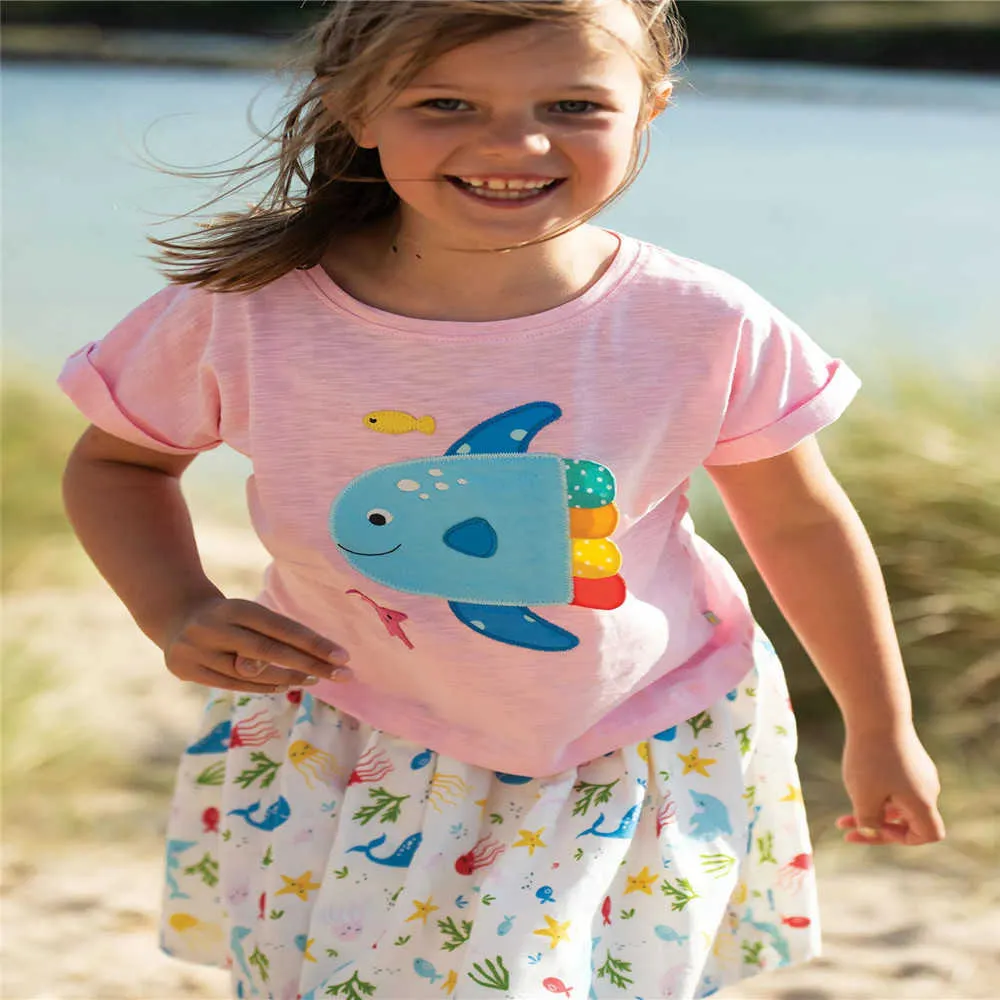 Jumping Meters, camisetas de verano para niñas con apliques de peces, bordado de animales bonitos, venta de ropa de algodón para bebés, Tops de moda 210529