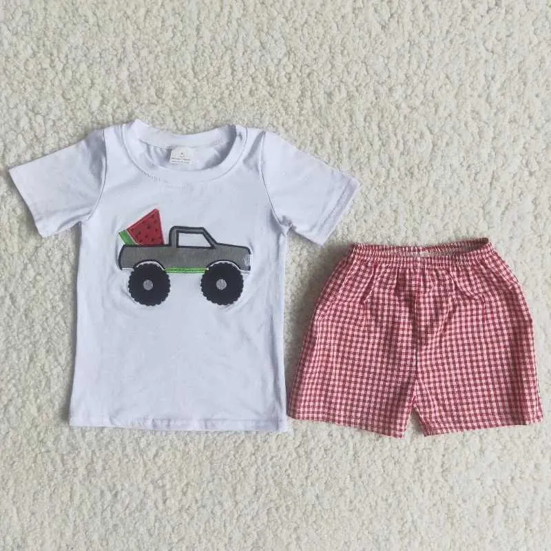 Venta al por mayor Baby Boy Verano Tractor Ropa Azul Manga corta Camión Camisa de bolsillo Pantalones cortos Niños Boutique Niños Set Moda Traje X0802