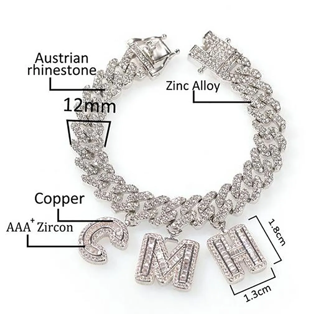 Aangepaste Naam Zirkoon Baguette Letters 12 MM Oostenrijkse Strass Cubaanse Ketting Armbanden Enkelbandje Voor Mannen Women240k