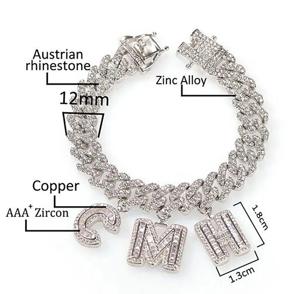 Nombre personalizado letras Baguette de circón 12MM diamantes de imitación austriacos cadena cubana collar pulseras tobillera para hombres mujeres 296E