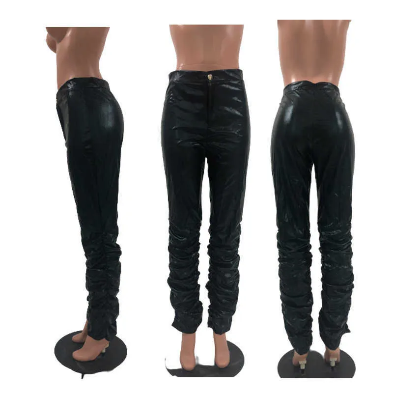 Damska Moda Sexy Skinny Push Up Faux Skórzane Spodnie Panie Mid Walii Casual Czarny Ułożone XL-3XL Duży rozmiar Odzież 210604