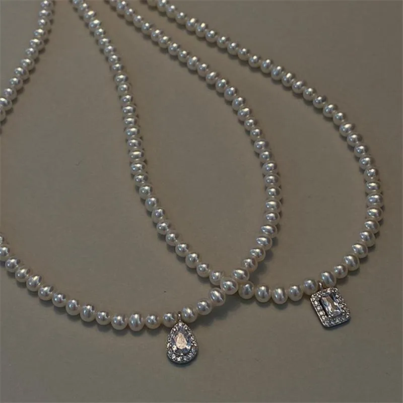 Collana con pendente a goccia color argento zircone stile coreano Collana con catena a clavicola con perle d'acqua dolce naturali geometriche Collane da donna228e