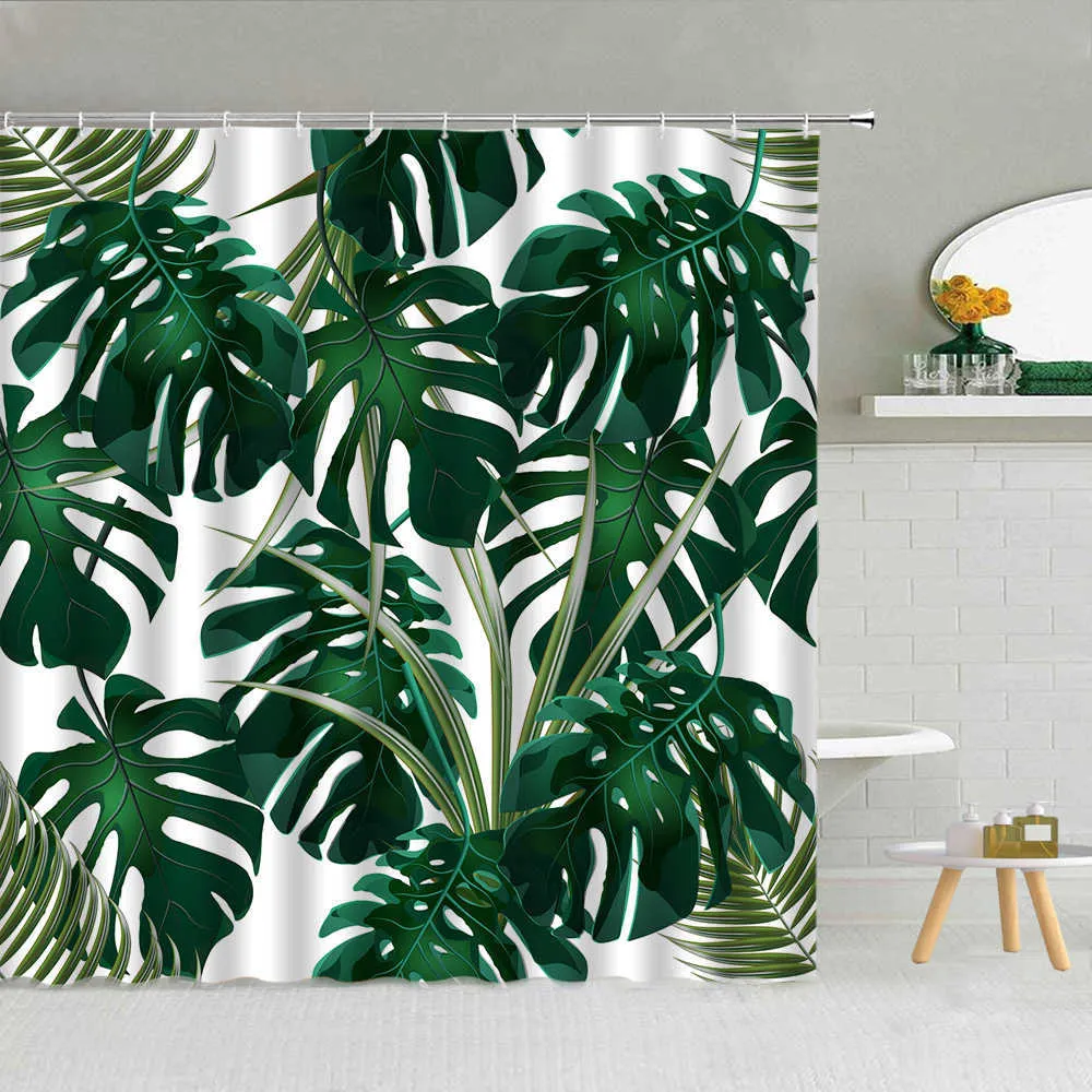 Vert plante tropicale Monstera feuille de palmier rideau de douche printemps plante thème mode tissu imperméable maison salle de bain décor rideaux 210609