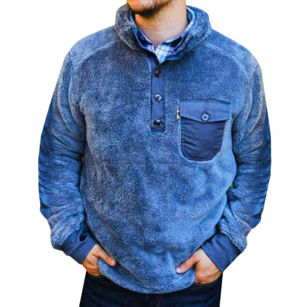 Мужская пуловерная пиджака зима повседневная смесь сплошной перемычки пальто одежды сгущает теплые толстовки карманные кнопки с длинным рукавом вязаный свитер 211018