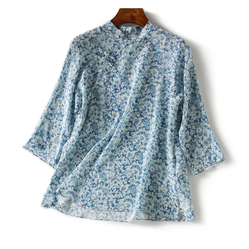 Kobiety w chińskim stylu wiosna letnia bluzka bluzki koszule lady swobodny stojak drukowany chiński kołnierz węzeł blusas tops DD8952 210401