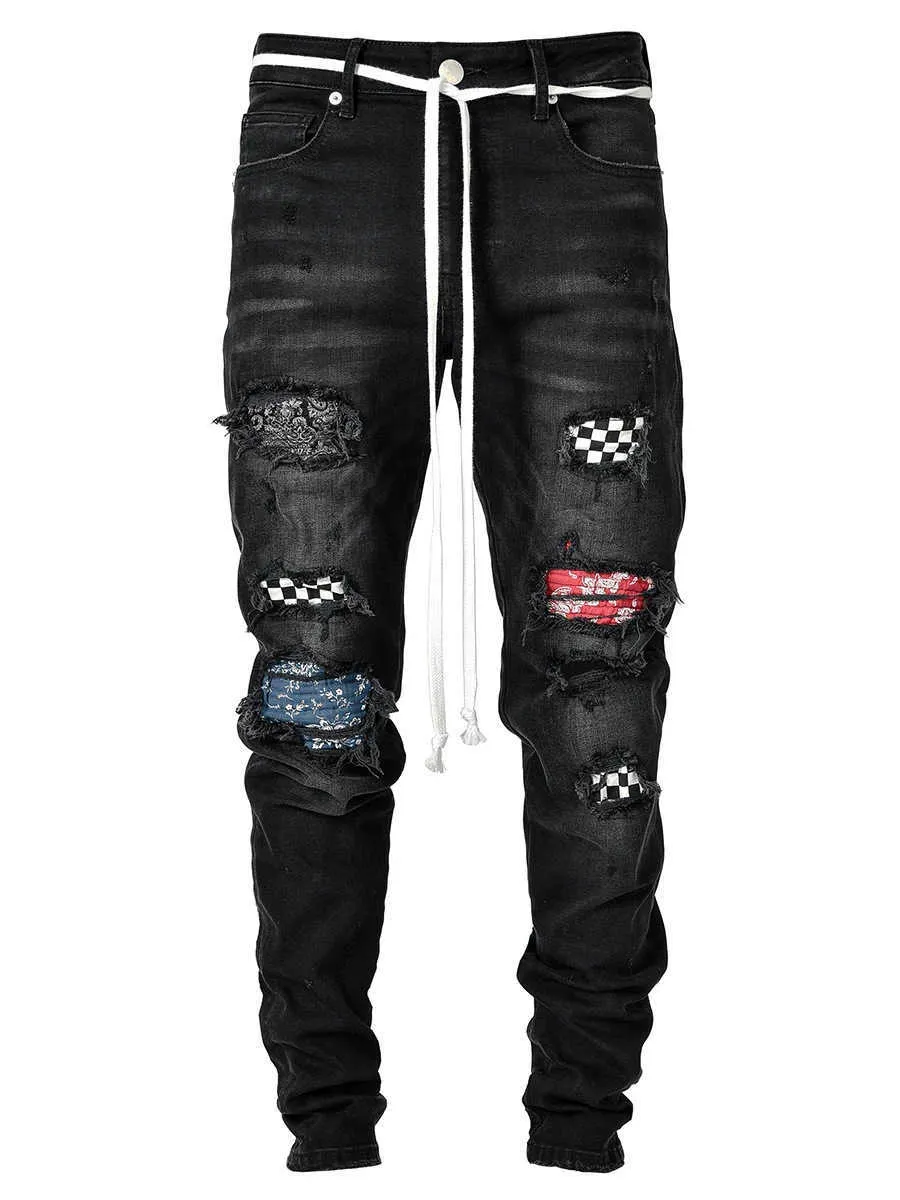 Ripped Pencil Jeans Men Skinny Hole Splicing Biker Side Striped Destroyed Hip Hop Slim Fit Jean Men's Pant 210716