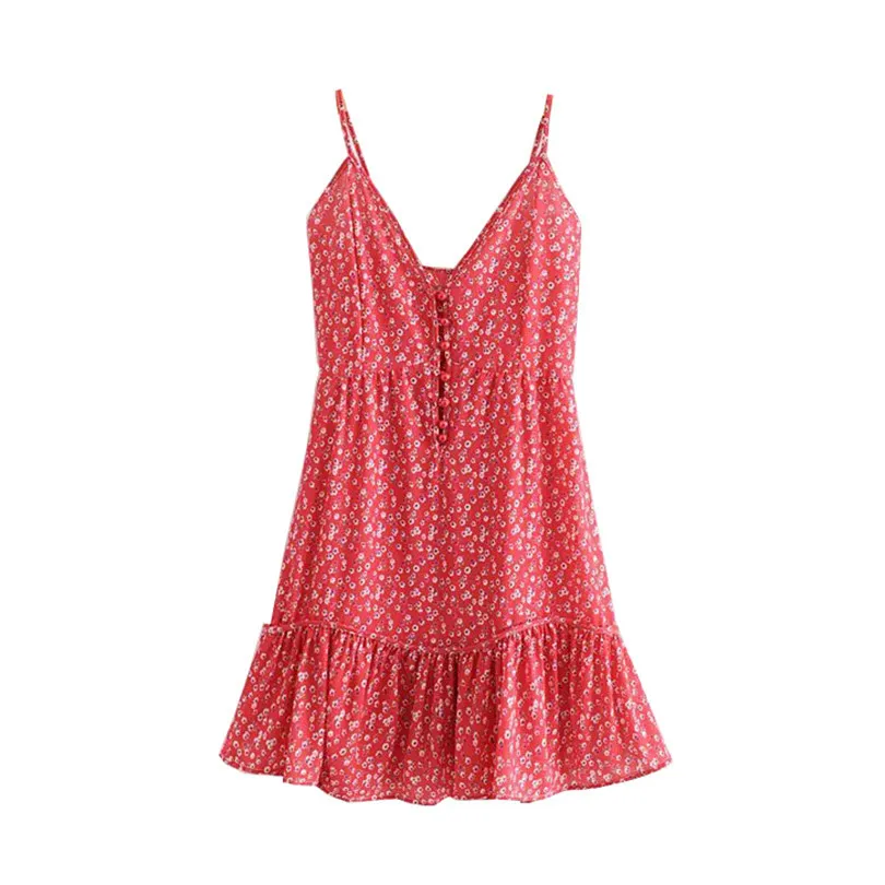 Femmes Summer Sundress Sexy Dos nu V-Col V-Col Robes de plage Sans manches Spaghetti Strap Floral Print Boho Red Mini Robe 210430