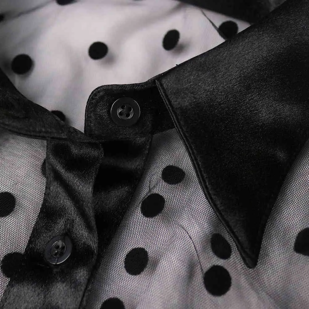 女性ロングメッシュシャツドレスポリカドットを見る黒い透明チュールアフリカのファッション春女性ローブチュニックプラスサイズXL 210416