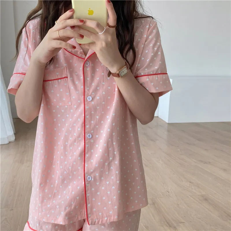 Sommar kort pyjamas söt nattkläder Slå ner krage Homewear Polka Dot Cotton Loose Two Piece Suit Sets 210525