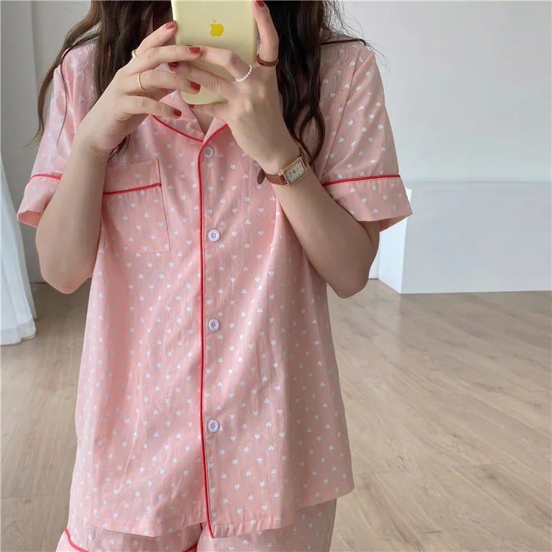 Zomer Korte pyjama Sweet Nightwear Turn Down Collar Homewear Polka Dot Katoen Losse Tweedelige Suit Sets 210525