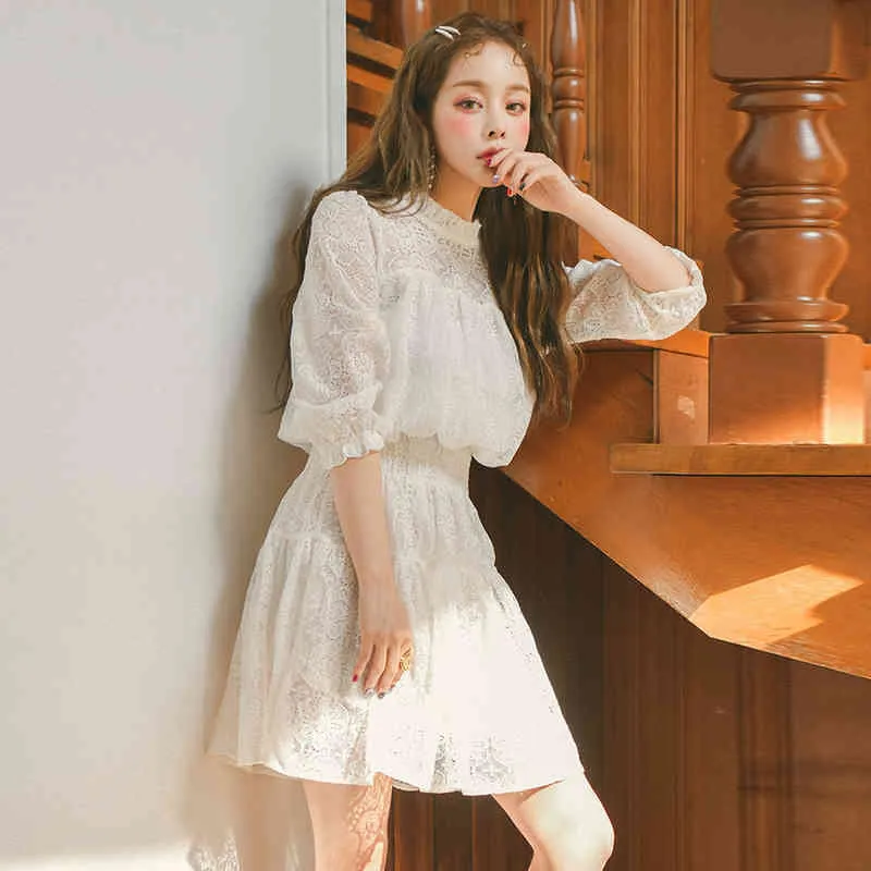 Korobov koreanska chic står krage spets kvinnor klänning vintage ol kvinnliga klänningar sommar ny fast ihålig ut mantel femme 210430