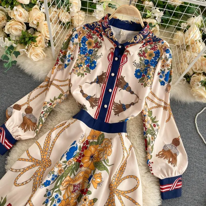 Kvinnor Vintage Print Dress Autumn Stand Collar Button Långärmad A-Line Dress Korean Fashion Streetwear Midi Long Dress 210419