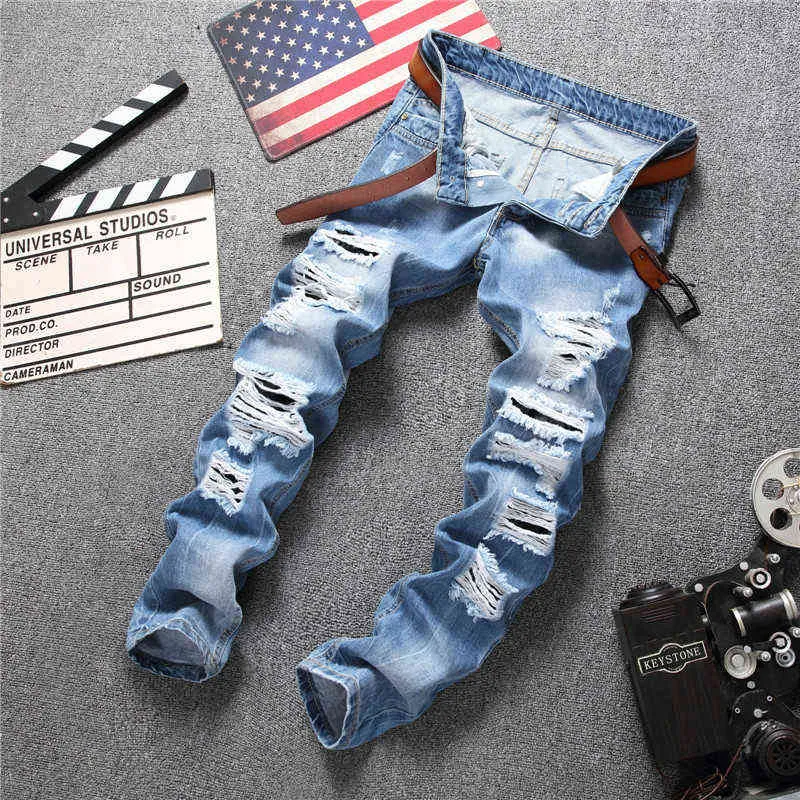 Casual man jeans solid smal passform full längd penna byxor plus storlek ljusblå mode denim jeans för män rippade manliga byxor 211120