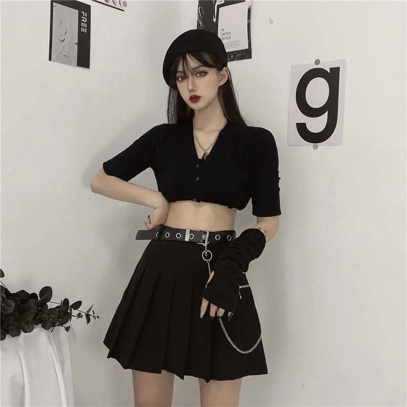 Women Skirts Gothic Short A-Line High-Waist Sexy Chain Korean Fashion Summer Female Student Black Mini Pleated-Skirt 210621