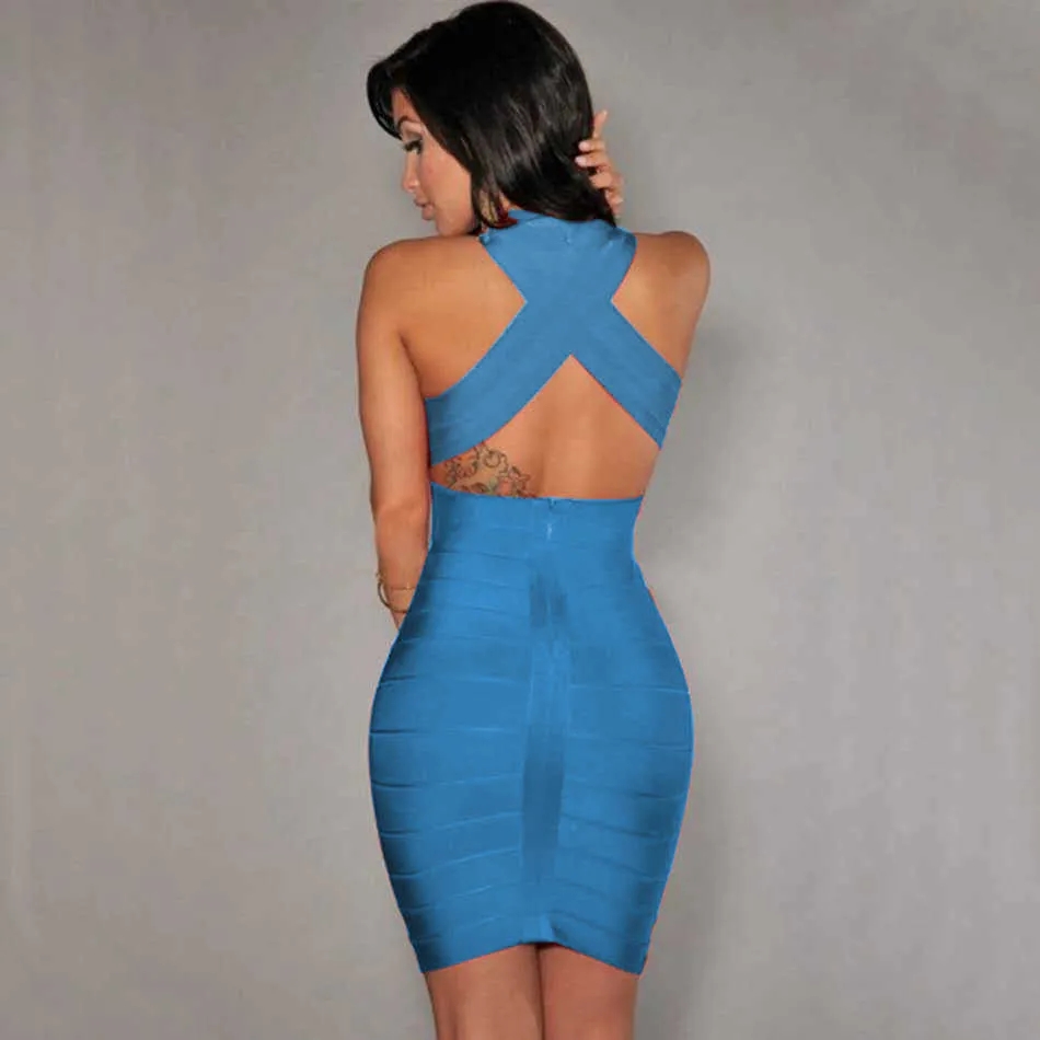 Summer Sky Blue V-Neck Bandage Dress Creux Dos Nu Style Cross Back Celeb Sexy Celebrity Party Mini 210527