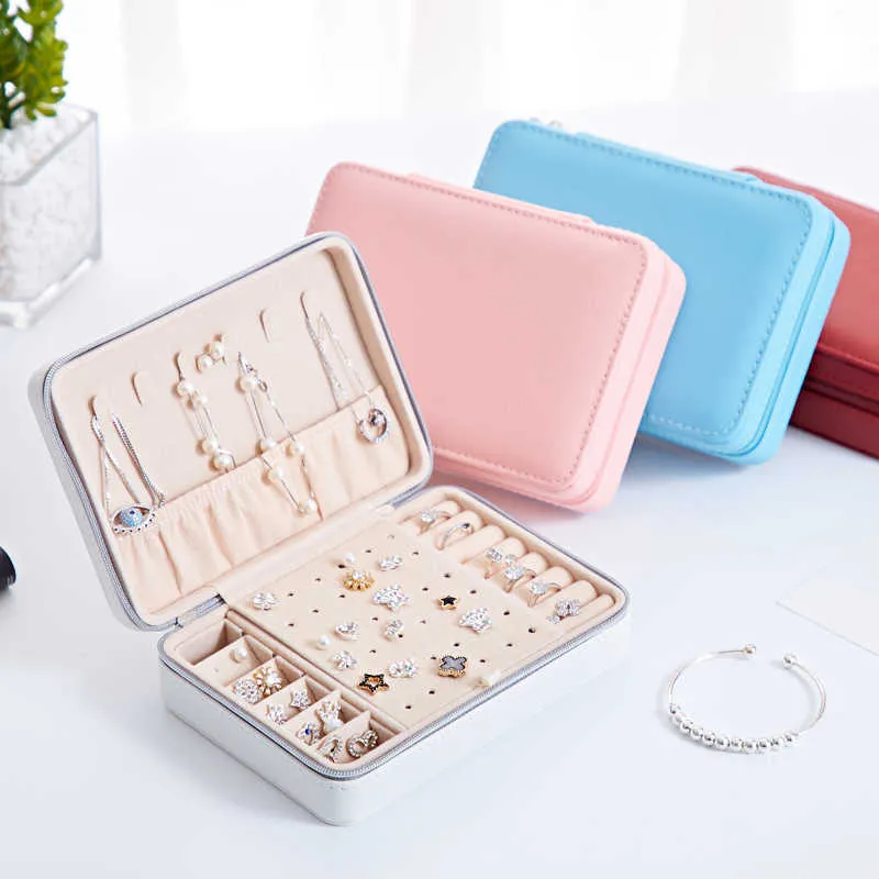 Bärbar Koreansk stil Läder Smycken Box Ring Örhängen Halsband Mode Förvaring Box Juvelhållare 211014