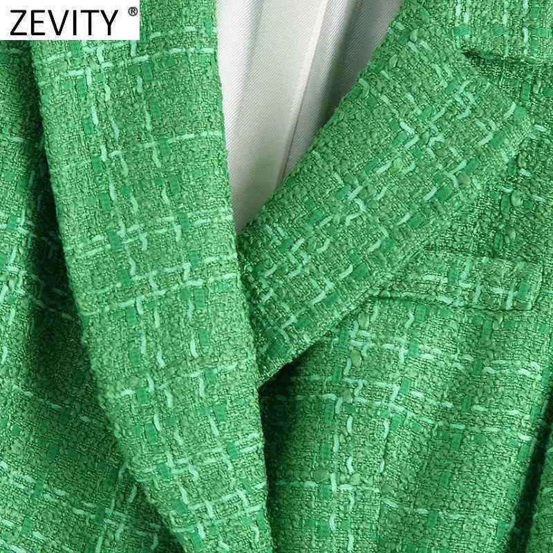 Zevidade Mulheres Inglaterra Estilo Dupla Breasted Green Tweed Woolen Blazer Casaco Vintage Feminino Manga Longa Ternos Chic Tops CT695 210930