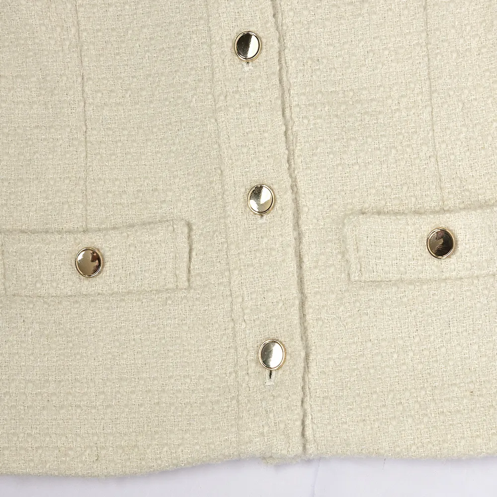2022 Primavera maniche lunghe scollo tondo giacca avorio stile francese tinta unita tweed bottoni a pannelli giacche monopetto cappotti corti O273143