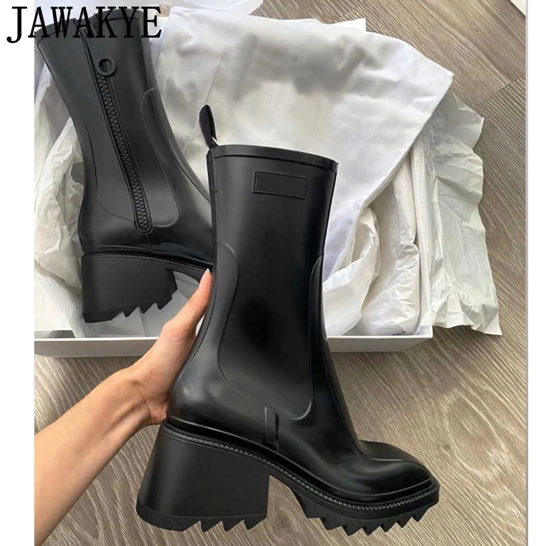 Cycuviva Square toe Rain boots for Women Chunky Heel Thick Sole Ankle Boots Designer Boots Ladies Rubber Boot Rain Shoes Y0910