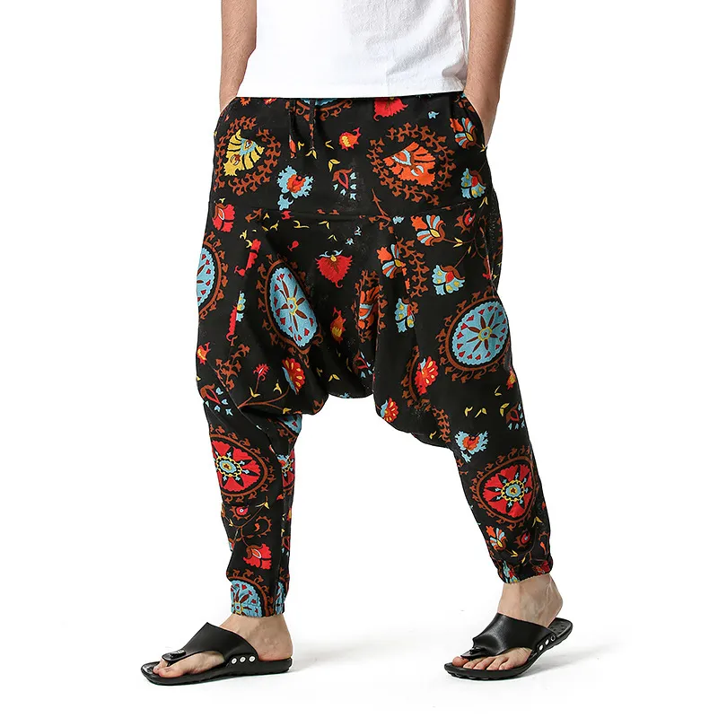 Boho Style Mens Trousers Cotton Print Casual Pants Men Breathable Harajuku Streetwear Oversize Baggy Male Harem Pants 210524