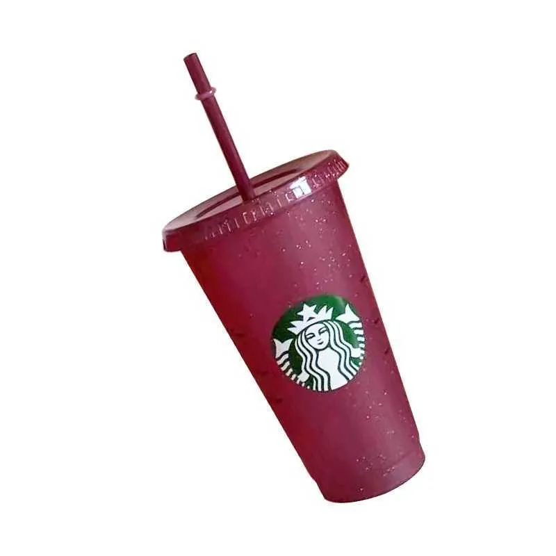 Flash em pó tumbler plástico reutilizável brilhante com tampa e copo de palha, fl oz, de ou presentes de festa Starbucks Portable