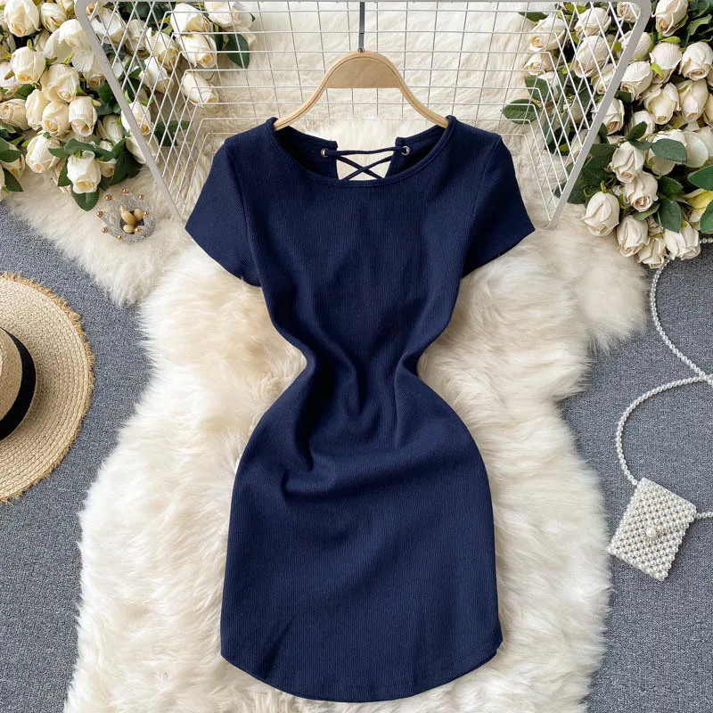 SINGREINY Design Belt Backless Dress Women O Neck Short Sleeve Slim Pencil Dresses Summer Korean Sexy Streetwear Mini Dress 210419