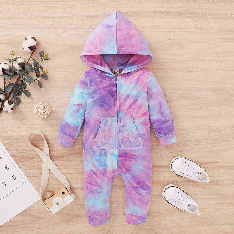 2020 0-18M Infant Baby Boy Girl Tie-Dye Printed Romper Long Sleeve Zipper Hoodies Jumpsuit Autumn Warm Romper Outfit G1221