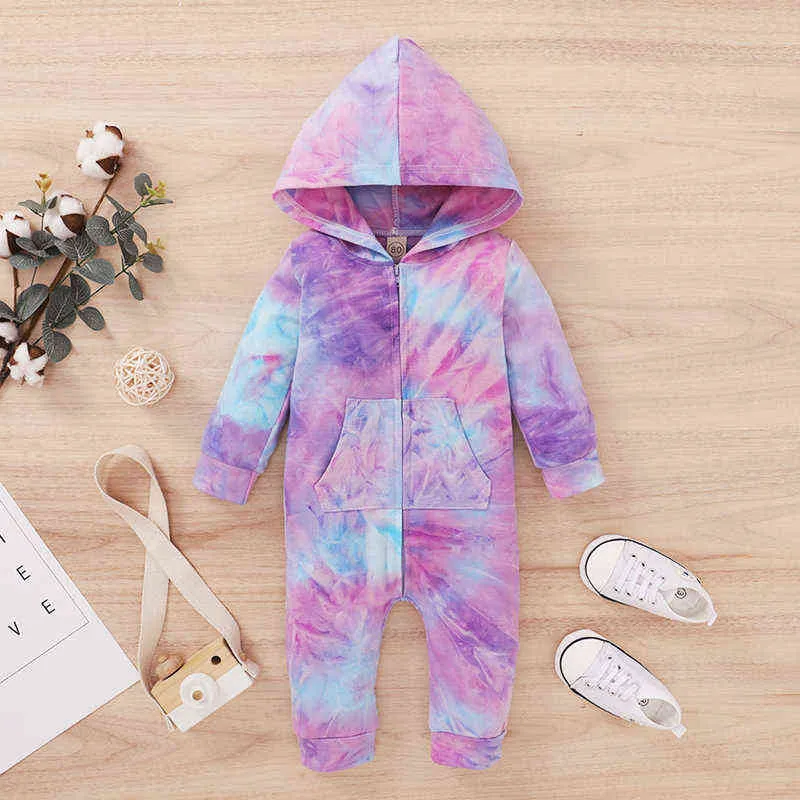 2020 0-18m Spädbarn Baby Boy Girl Tie-Dye Tryckt Romper Långärmad Zipper Hoodies Jumpsuit Höst Varm Romper Outfit G1221