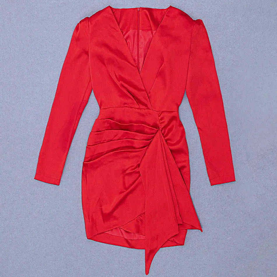 Free Sexy Red Satin Dress Women's Deep V Neck Puff Sleeve Bodycon Draped Club Night Party Mini Vestidos 210524