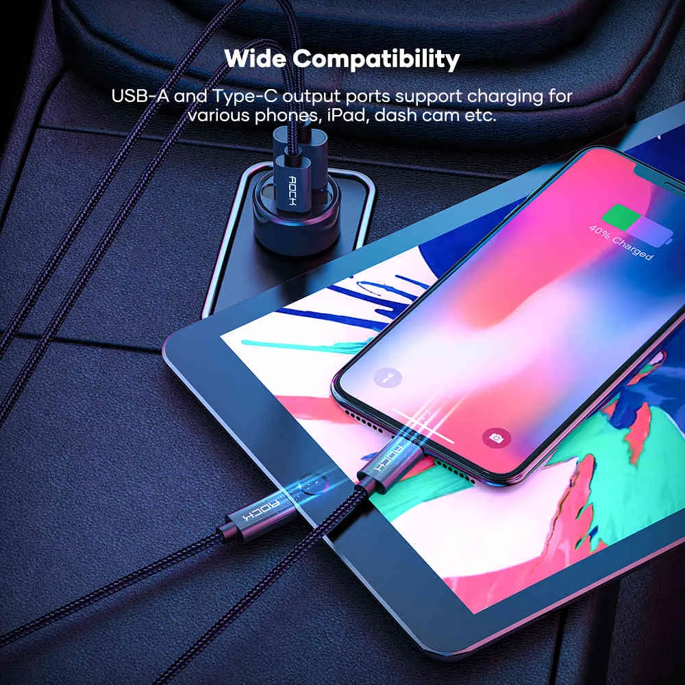 ROCK 45W PD iPhone 12 11 Pro Max Mini Dual USB Digital Display Fast Charge Type C Car Charger for iPad Xiaomi Mi