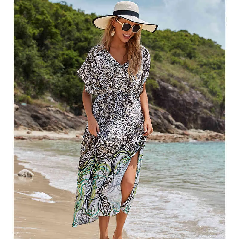 Seksowne bikini cover-ups bawełniana tunika boho drukowane lato sukienka plaża eleganckie kobiety plus size nosić kostium kąpielowy pokrycie Q1139 210420