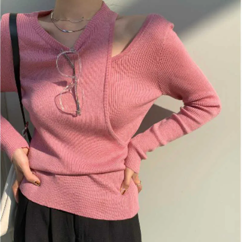 Kimotimo Maglione Top Primavera Rosa Elegante Sim Scava Fuori Sexy Coreano Moda Office Lady Casual Maglieria Abbigliamento Donna 211018