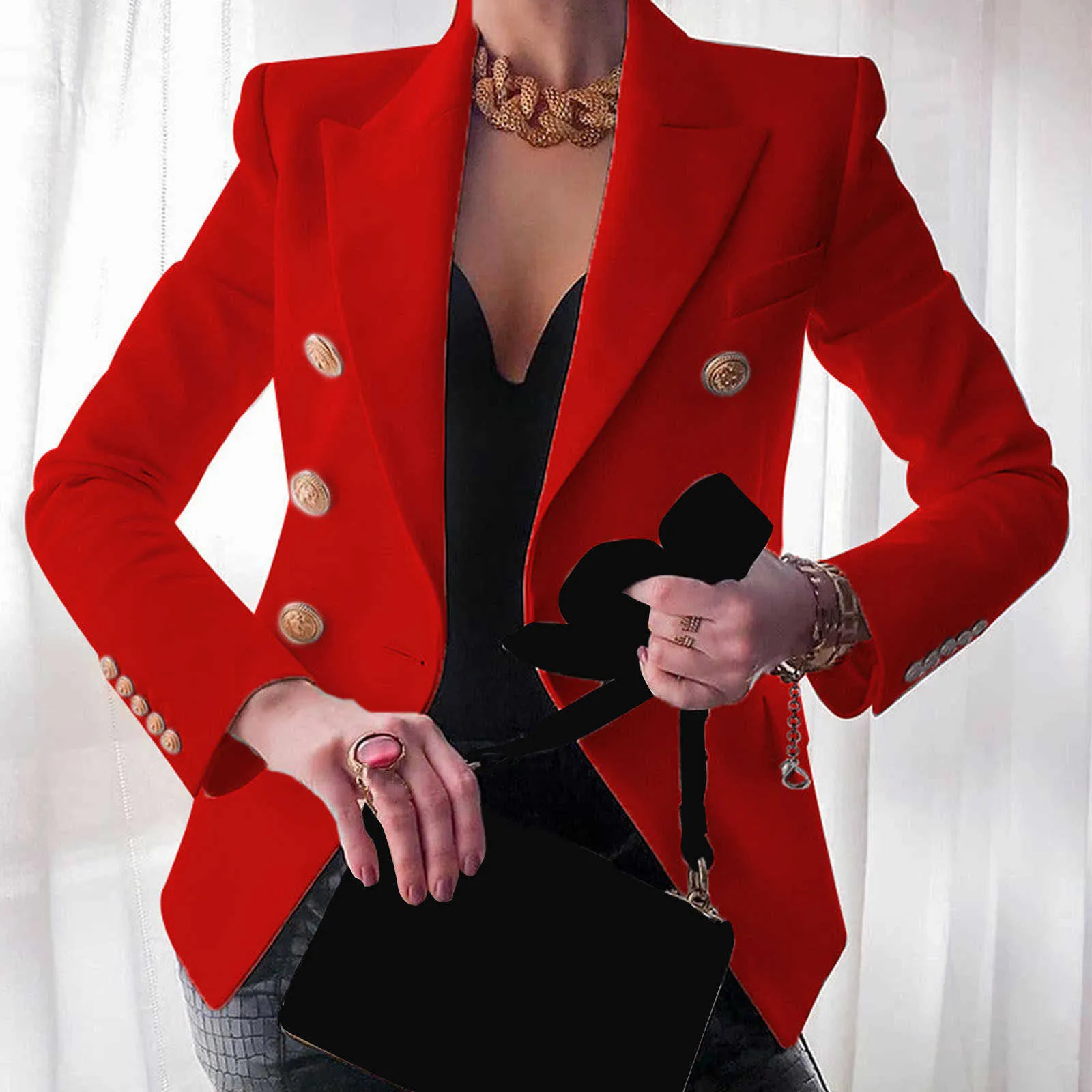 Элегантные бизнес офис рабочие женские куртки леди сплошные кнопки костюма куртка пальто варенье Slim v шеи осень 211014