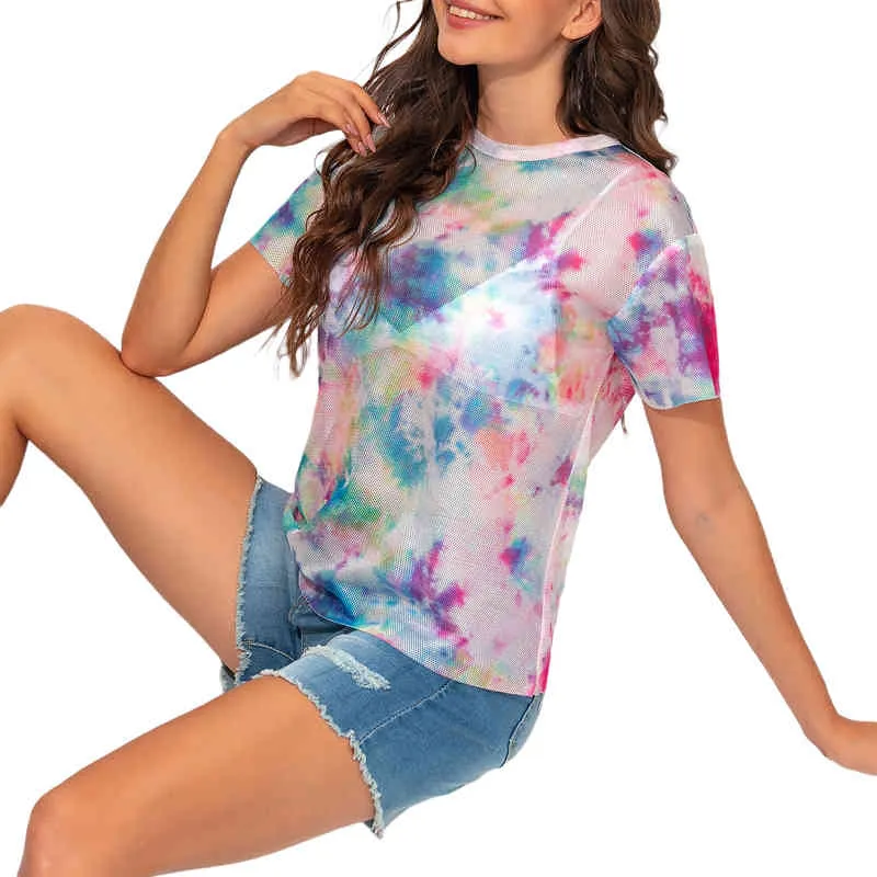 Femmes T-shirt Tie Dye Imprimer Summer Casual O-Cou à manches courtes Skinny Perspective Slim Fit Streetwear Plus Taille XS-5XL 210522