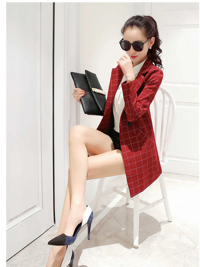 Mode Slim Plaid Dames Small Suit Jacket Koreaanse versie van het Formaat met lange mouwen Lange Dames Blazer Office 210527