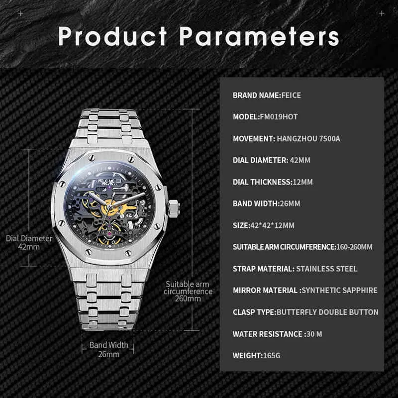Feice Męska Szkielet Automatyczne Mechaniczne Luminous Wodoodporne Męskie Mody Sport Wrist Luxury Sapphire Crystal Watch