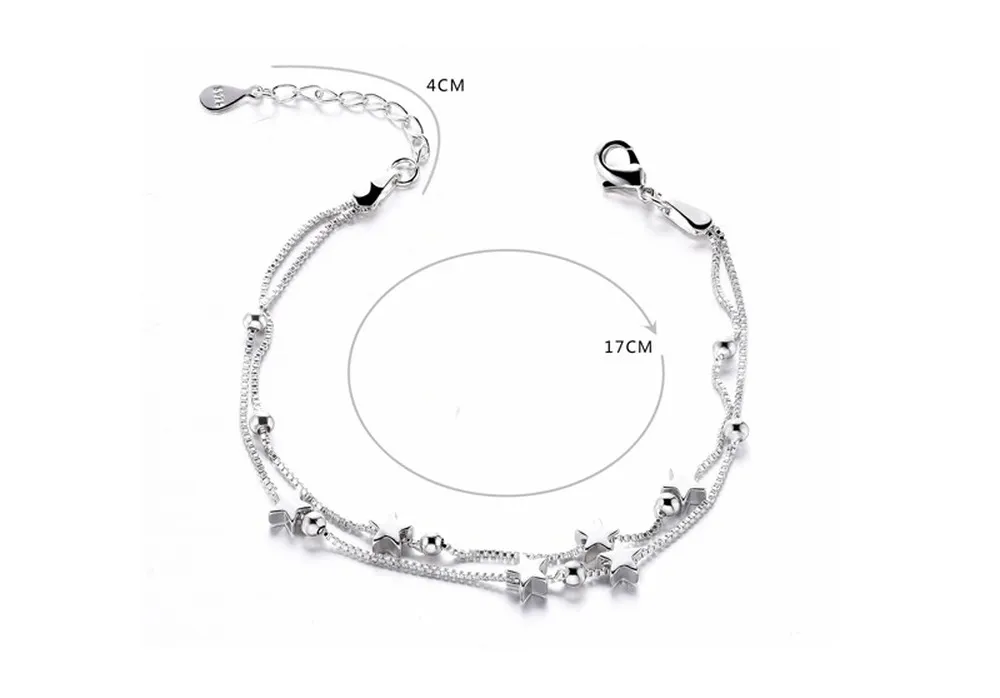 100% Original 925 Pulseira de prata esterlina Estrelas de camadas duplas Bocas de pulseiras chian pulseiras para mulheres jóias de casamento de meninas287n