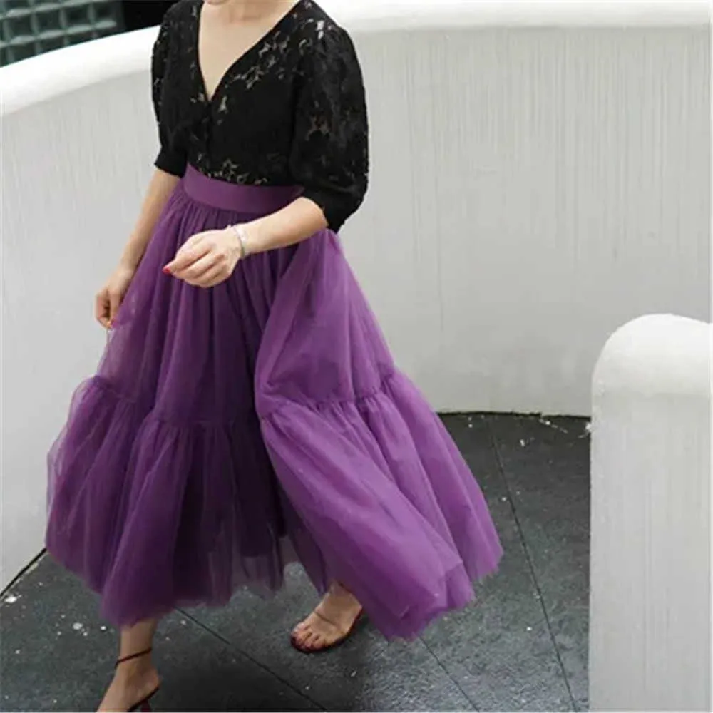 Elegancka tiulowa plisowana spódnica Summer jesienna zima duża huśtawka spódnica Koreańska kobieta słodka zielona niebieska fioletowa długa spódnica Tutu 210619