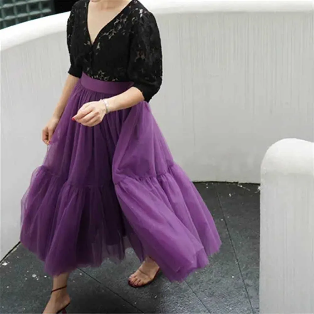 Elegant Tulle Pleated Skirt Summer Autumn Winter Big Swing Women Skirt Korean Female Cute Green Blue Purple Long Skirt Tutu 210619