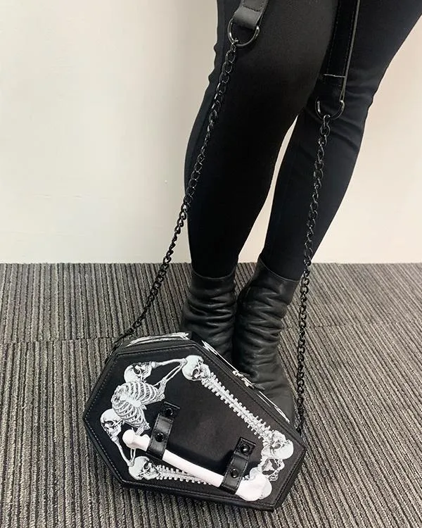 Bolsos de noche de moda bolso de hombro de cuero negro PU con cráneo ataúd correa de embrague en forma de ataúd correa gótica para mujeres Handb281a