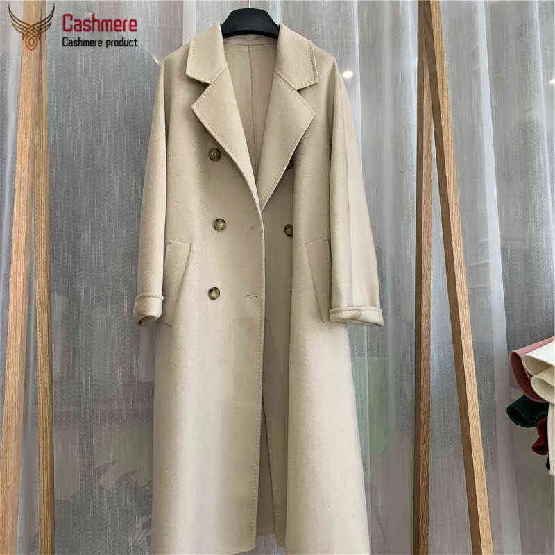 Winter Long Coat Female Wool Women Water Ripple Solid Autumn Loose Double Breasted 211130