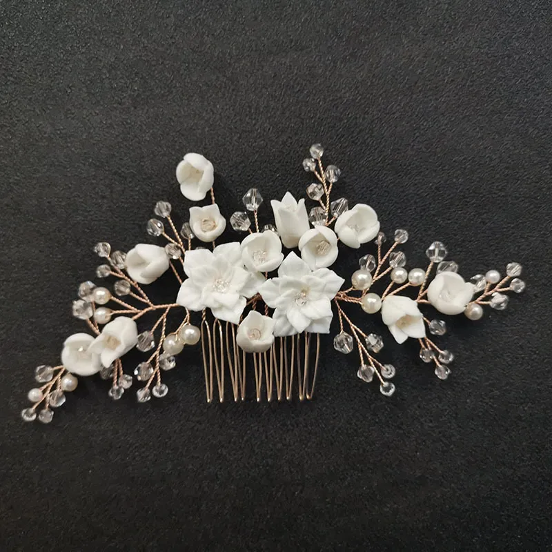 SLBRIDAL fait à la main cristal strass simulé perles en céramique fleur mariée mariage peigne épingles à cheveux autocollants femmes bijoux