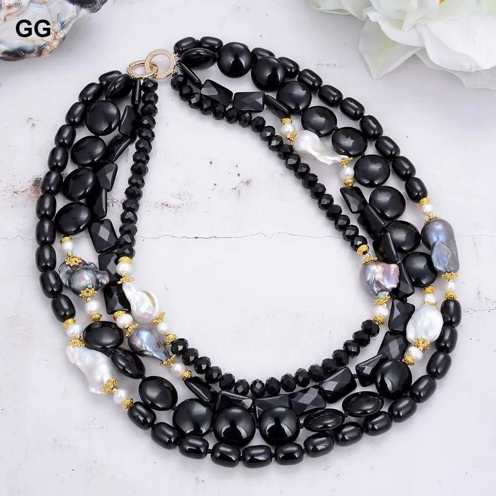 GuaiGuai – collier à 4 brins de perles Keshi blanches naturelles, en Onyx noir, 19 à 26 pouces