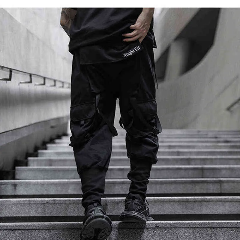 Spring New Men's Cargo Pants Loose Multi Pocket Ribbon Trousers Fashion Style Casual Overalls Streetwear Hip Hop Function Pants H1223