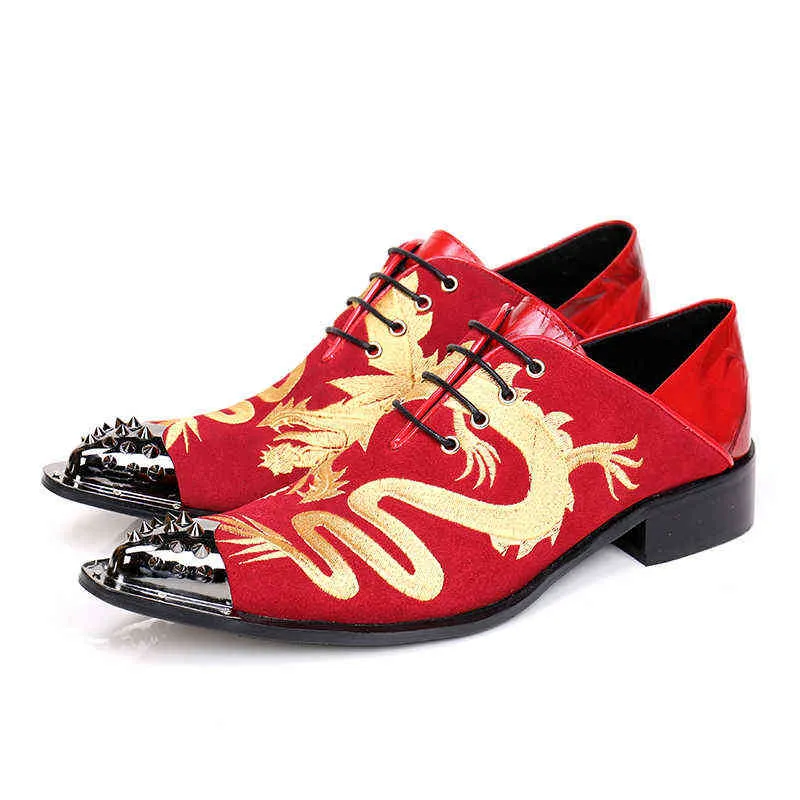 Sapatos de vestido Christia Bella Estilo Chinês Dragão Bordado Homens Formal Oxford Rivet Rebite Pontilhado Suede Couro 220223