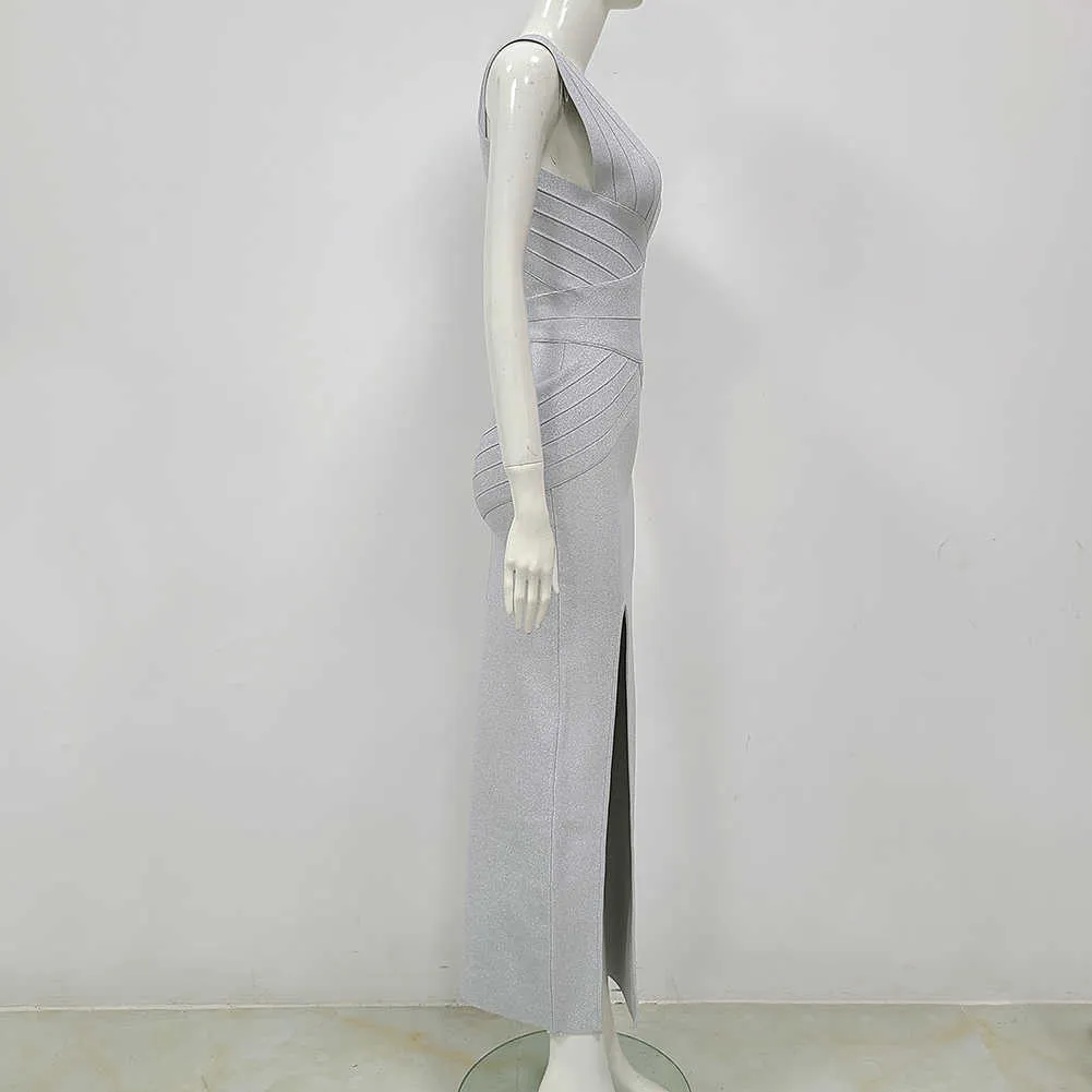 Frauen Hohe Qualität Grau V-ausschnitt Ärmellose Strumpfhosen Split Lange Rayon Verband Kleid Sexy Party Vestidos 210525